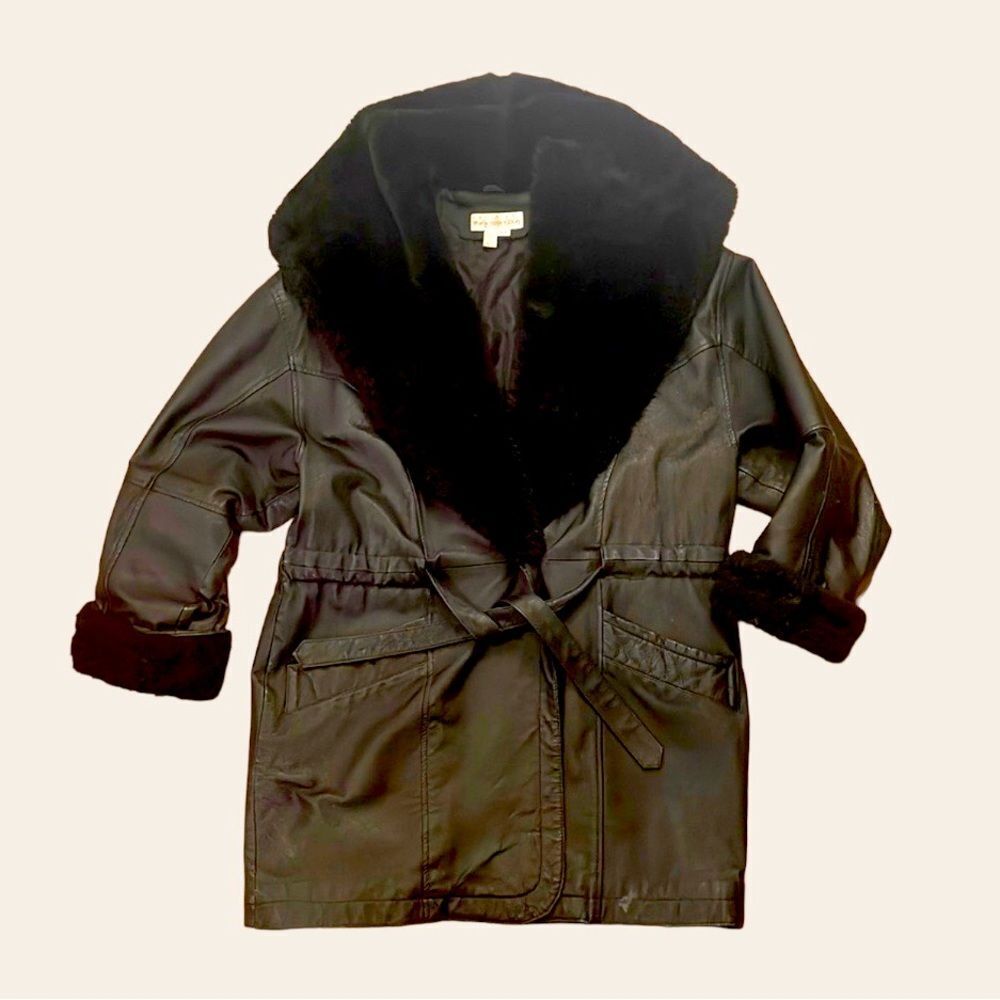 Vintage Genuine Leather Coat / Fur Collar / Hood